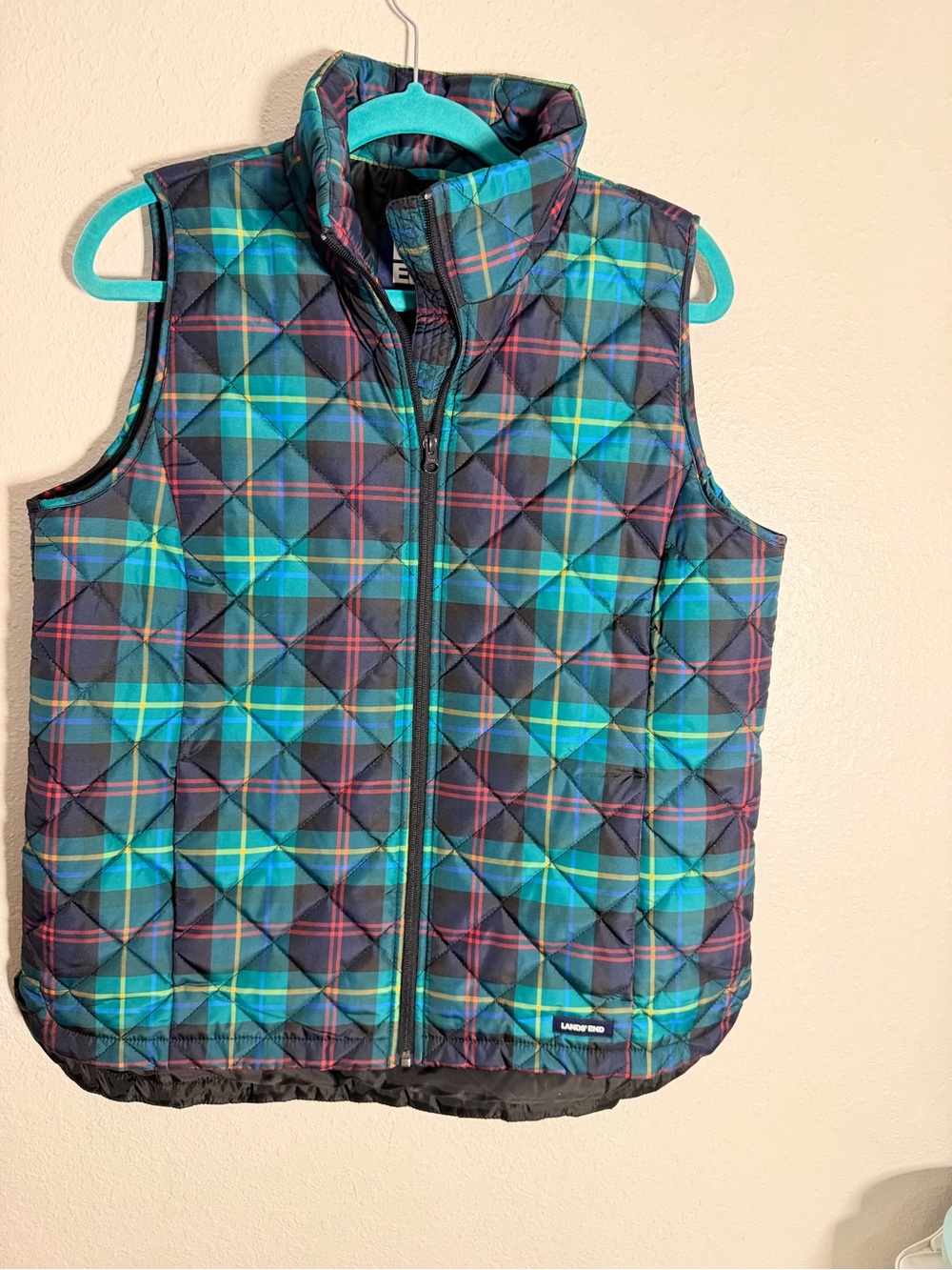Lands' End Quilted Plaid Puffer Vest in Teal, Navy & Yellow